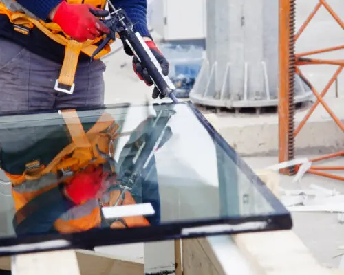 Worker applying window molding