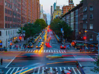 Nyc cityscape at an intersection.