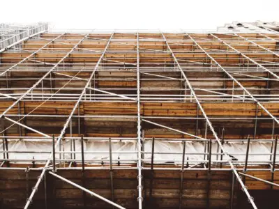 A look up at high rise scaffolding.
