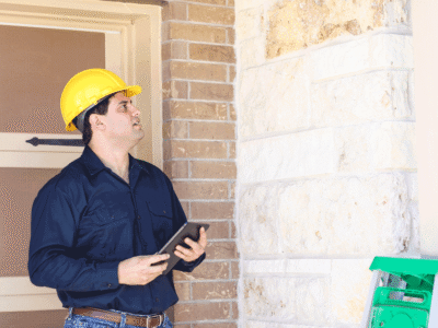 A man wearing a yellow hardhat and holding a clipboard does an inspection of a building.