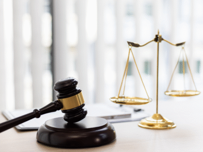 A judges gavel and gold scale of justice on the desk.