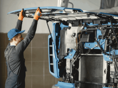 A mechanic looking under the hood of a big rig truck.
