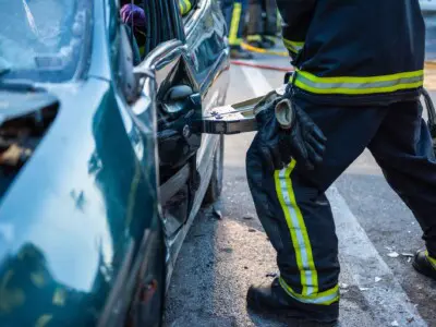 Shot of a firefighter opening door with clamp to rescue a driver from a damaged car.