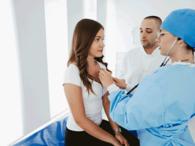 A woman getting a check up from a doctor in a medical office.