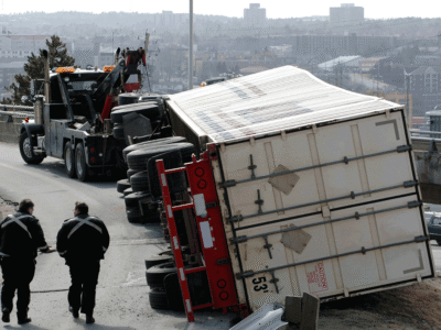 A tipped semi truck after an accident.