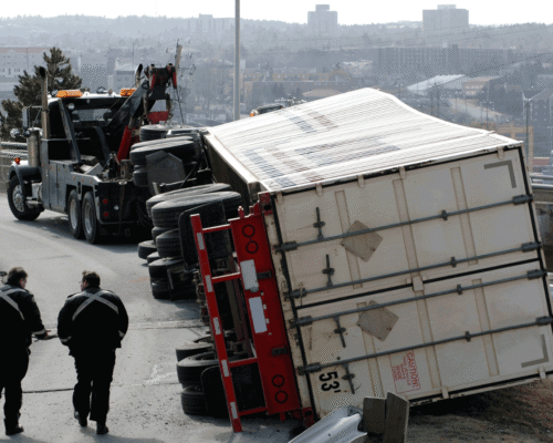 A tipped semi truck after an accident.