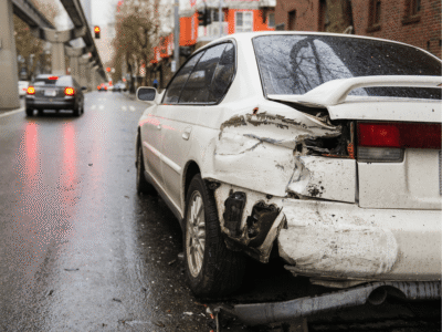 Rear view of a damaged white car parked on a wet city street, showing significant impact to the back corner and bumper. Other vehicles and a monorail track are visible in the background under overcast skies with red traffic lights reflecting on the pavement
