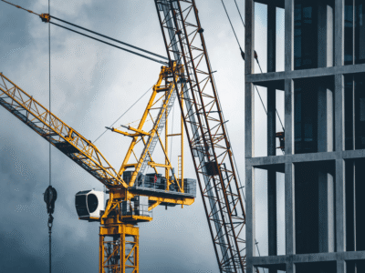 Yellow construction crane lifting materials next to a partially completed concrete high-rise