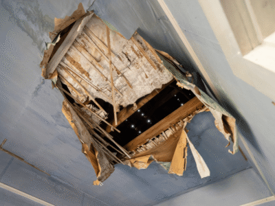 Large hole in a damaged ceiling exposing wood beams and debris from structural failure