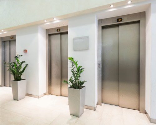 Modern indoor hallway with three stainless steel elevator doors, flanked by large potted green plants and illuminated by recessed ceiling lights. Each elevator displays the floor indicator reading '0+'