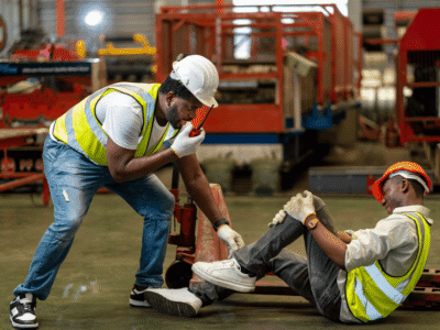 Injured employee on the ground holding his leg while a coworker radios for emergency assistance