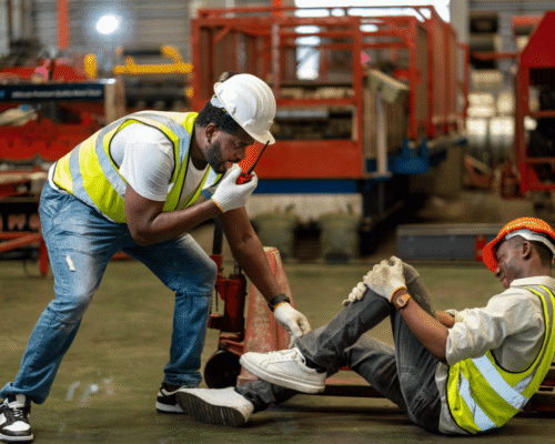Injured employee on the ground holding his leg while a coworker radios for emergency assistance