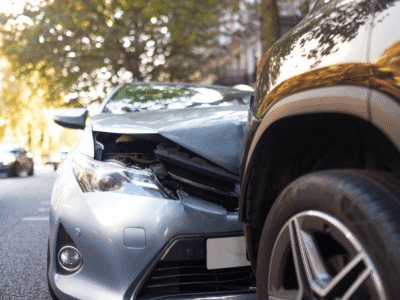 Close-up of a car accident showing the front end of a silver vehicle that has collided with the rear of a dark SUV on a city street. The silver car's hood is crumpled and its bumper is damaged, with other vehicles visible in the background