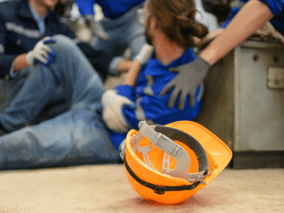 Close-up of an orange construction helmet on the ground with a blurred scene in the background showing a worker receiving assistance from colleagues after an apparent workplace injury. The injured worker is sitting on the floor wearing blue work clothes, surrounded by others wearing gloves