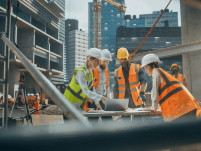 Construction crew in safety vests and hard hats reviewing plans at a job site with high-rise buildings and cranes in the background
