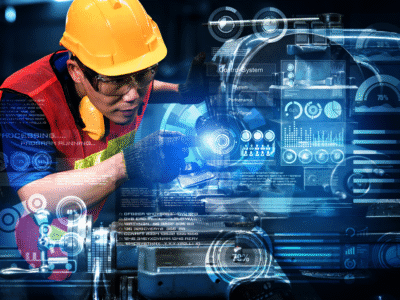 Construction worker in safety gear interacting with advanced AI-powered control system, highlighting the integration of artificial intelligence in preventing job site accidents