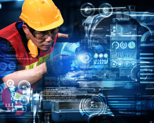 Construction worker in safety gear interacting with advanced AI-powered control system, highlighting the integration of artificial intelligence in preventing job site accidents