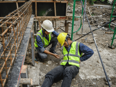 Construction worker kneeling beside a coworker in a safety vest and hard hat who appears injured and is sitting on the ground at a job site
