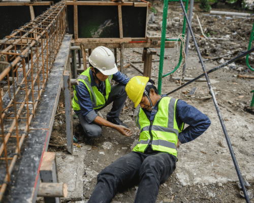 Construction worker kneeling beside a coworker in a safety vest and hard hat who appears injured and is sitting on the ground at a job site
