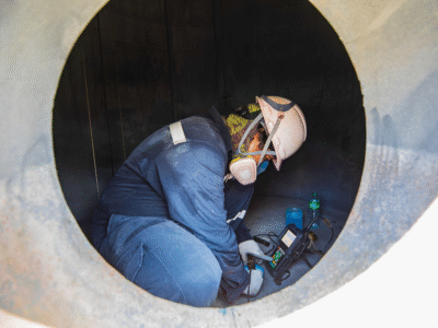 Construction worker in a hard hat and respirator kneeling inside a large pipe or tank, demonstrating the dangers and safety protocols for confined spaces NYC construction hazards.