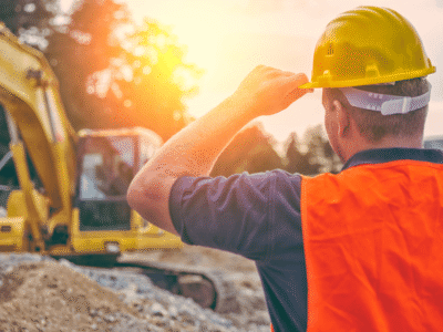 A construction worker in a safety vest and hard hat standing in front of an excavator, symbolizing a NYCHA construction injury lawsuit.
