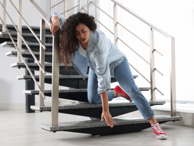 A woman falling or having tripped on a modern interior staircase, illustrating an incident that requires surveillance footage trip and fall NYC to prove fault.