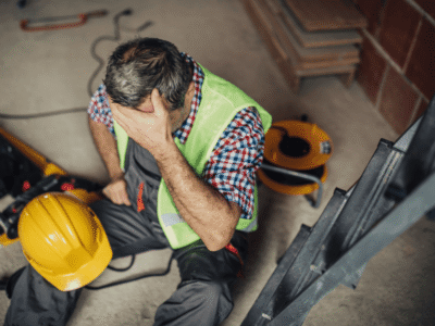 A construction worker sitting on the ground holding his head in distress next to a fallen ladder and hard hat, symbolizing how greed causes construction injuries NYC.