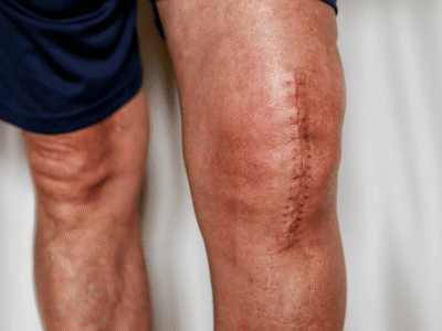 Close-up of a large, visible surgical scar on a person's knee, representing the injury that leads to claims for long-term scarring damages NYC.
