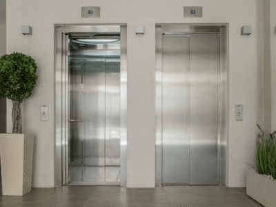 Two modern, stainless steel elevator doors, one open and one closed, representing the risk of a Bronx elevator violation injury.