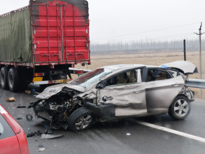 A severe collision between a large red commercial truck and a crushed silver passenger car on a highway, illustrating the scope of truck accident injuries Staten Island.