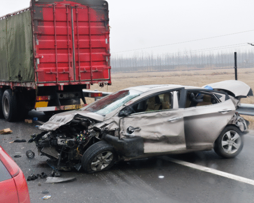 A severe collision between a large red commercial truck and a crushed silver passenger car on a highway, illustrating the scope of truck accident injuries Staten Island.