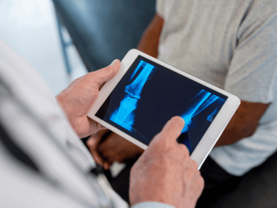 A doctor reviewing an X-ray of a patient’s leg fracture on a digital tablet, illustrating the medical evaluation and long-term treatment costs of complex bone injuries in New York City.