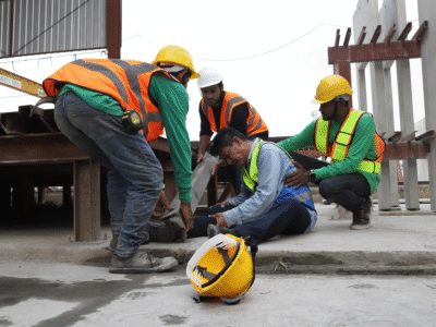 Construction workers assist an injured coworker at a job site with a hard hat on the ground, illustrating liability issues in accidents involving falling objects on construction sites.