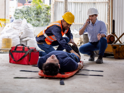 Construction worker lying on a stretcher at an active job site while coworkers and emergency responders assist, illustrating a serious workplace accident and the need to prove injury causation rather than a preexisting condition.
